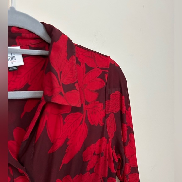 Cabi Red Floral Mesh Long Sleeve Button Front Dress Size Small - Picture 2 of 9
